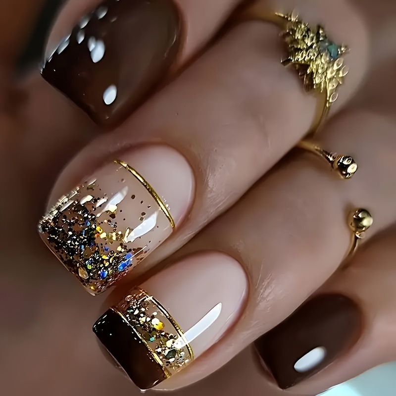 Nail Art Full Design - Kadınlar için kısa kare takma tırnaklar,